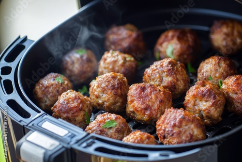 Savory Meatballs Cooking in Air Fryer, Deliciously Browned with Steam Rising, Perfect for a Quick and Tasty Meal Option