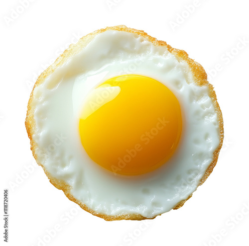 Fried egg with bright yolk on transparent background, culinary simplicity. Breakfast and cooking concept photo