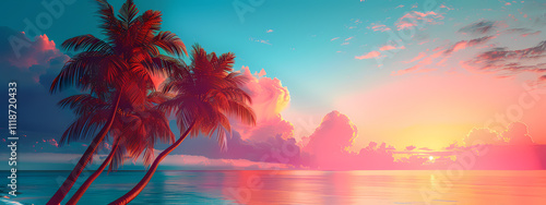 Vibrant sunset over tranquil waters with palm trees silhouetted against the colorful sky, evoking a sense of peace and serenity.