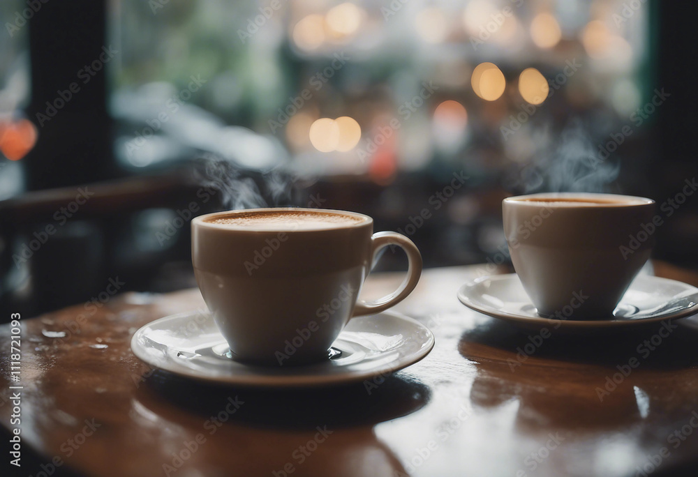 A cozy coffee shop on a rainy day with steaming mugs and p A cozy coffee shop on a rainy day with steaming mugs and p