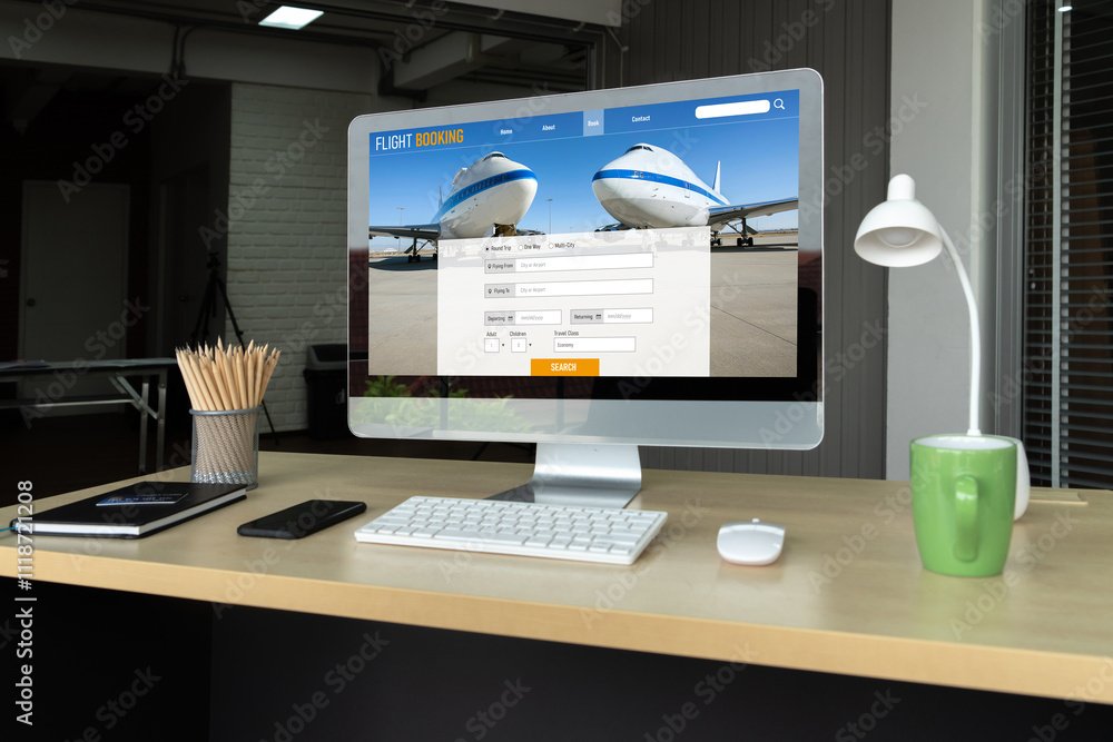 Online flight booking website provide modish reservation system . Travel technology concept . Online flight booking website provide modish reservation system . Travel technology concept .