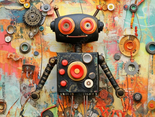 A lively depiction of a robot made from diverse mechanical components, set against an orange backdrop. Perfect for themes of technology, creativity, and engineering. photo