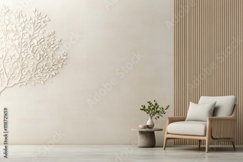 Bright and minimalistic interior design featuring a cozy seating area with natural elements