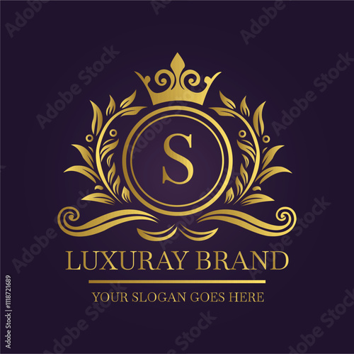 Luxurious Gold Emblem Logo with Ornate Floral Motifs and Crown