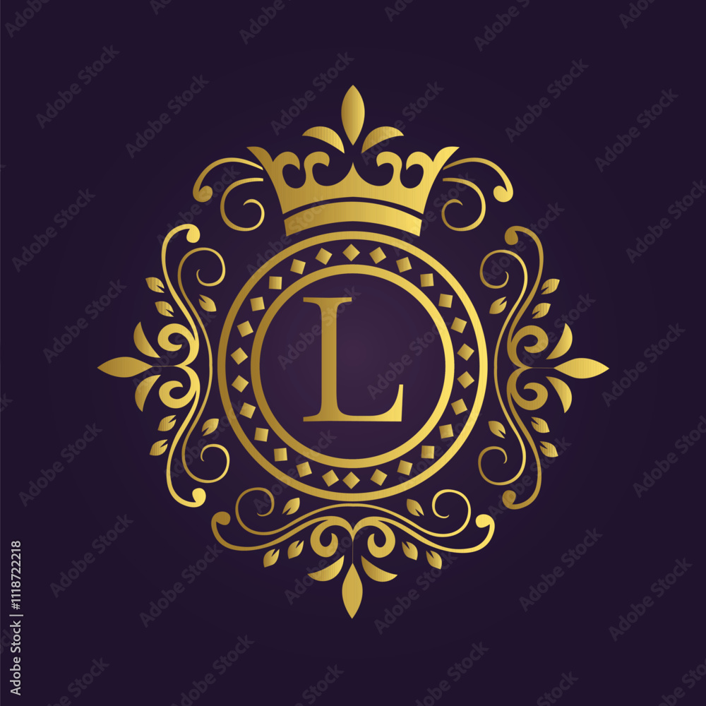 Ornate Gold Emblem with Crown, Flourishes, and 'L' on Purple Background Ornate Gold Emblem with Crown, Flourishes, and 'L' on Purple Background