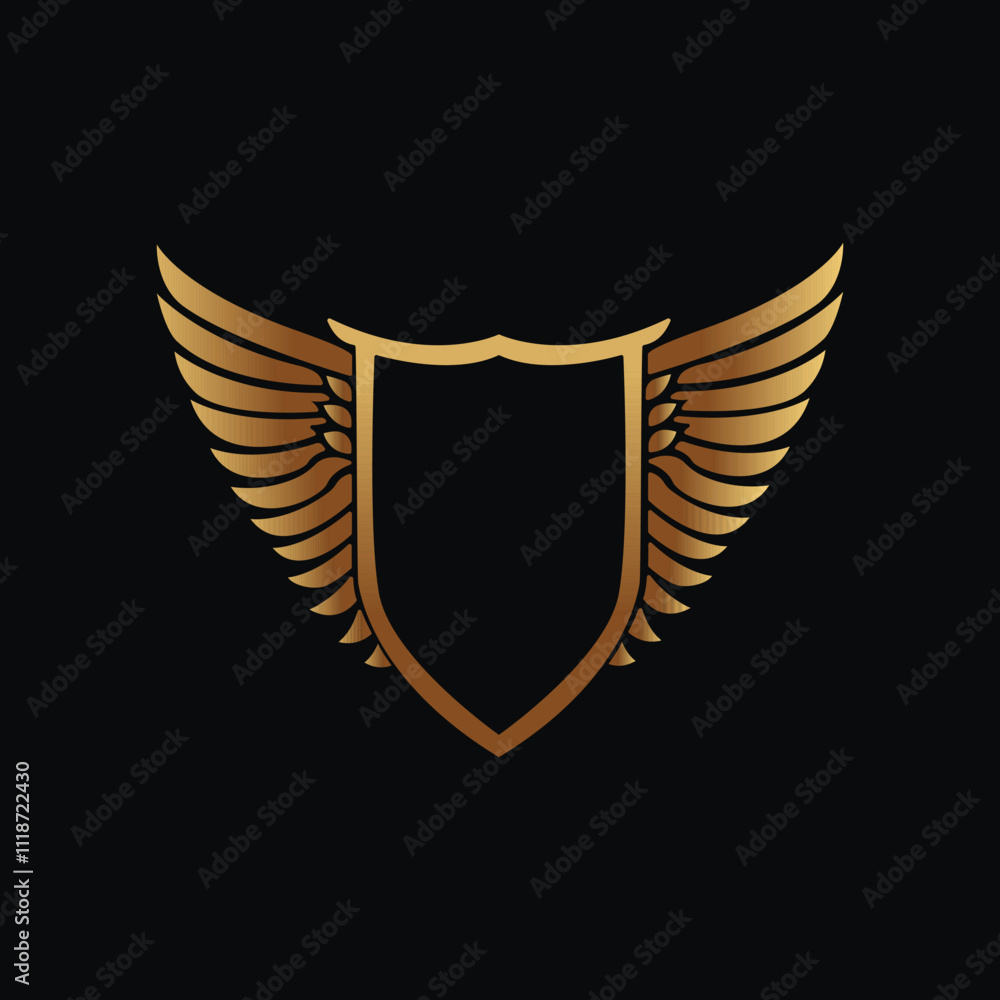 Luxury Elegant Gold Shield Emblem with Intricate Wings on Black Background Luxury Elegant Gold Shield Emblem with Intricate Wings on Black Background
