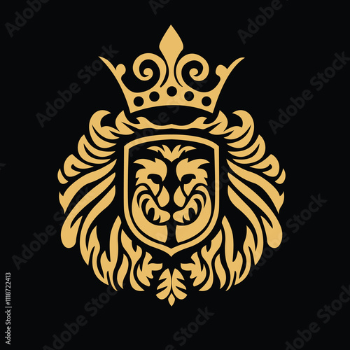 LuxGolden Lion Emblem with Crown in Shield Design on Black Background