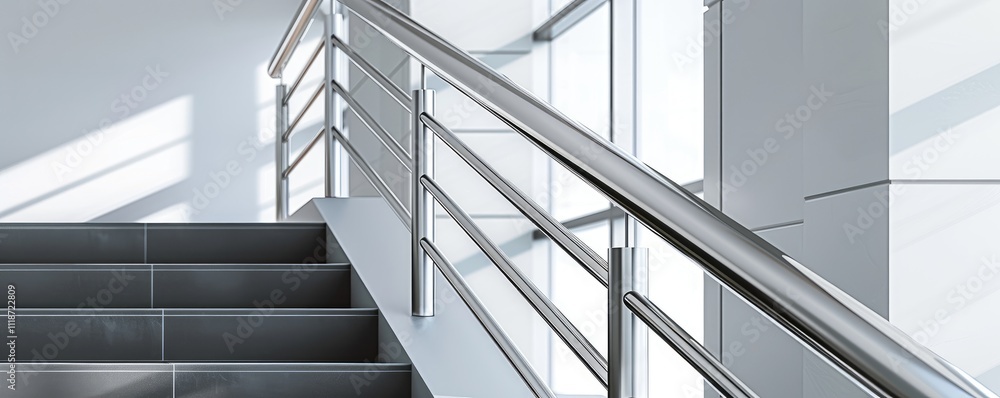 Close-up of a stainless steel railing on a modern balcony, with selective focus and blurred background. Close-up of a stainless steel railing on a modern balcony, with selective focus and blurred background.