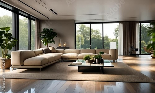 Wallpaper Mural Modern living room interior design with beige sectional sofa, large windows, and plants. Torontodigital.ca