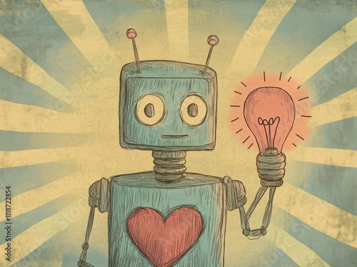 A retro robot heart-shaped illustration paired with a light bulb heart Valentine card