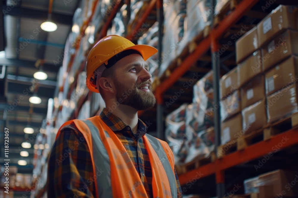 Professional worker in safety gear smiling in warehouse setting. Professional worker in safety gear smiling in warehouse setting.