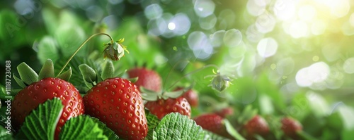 Lush strawberries ripening on the plant with vibrant green leaves and sunlit bokeh background.