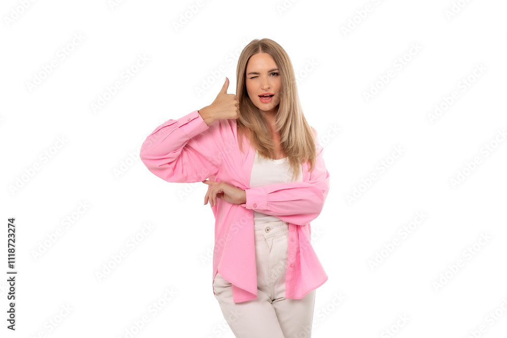 A young woman in a pink shirt playfully poses with a hand gesture against a white background during a cheerful photo shoot A young woman in a pink shirt playfully poses with a hand gesture against a white background during a cheerful photo shoot