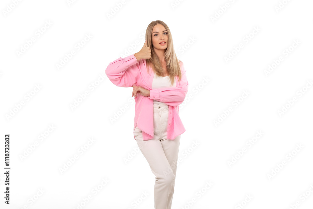 Young woman in pink cardigan strikes a playful pose with a thumbs-up gesture against a white background Young woman in pink cardigan strikes a playful pose with a thumbs-up gesture against a white background