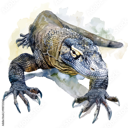 A watercolor clipart of a Komodo Dragon, isolated on a white background. Komodo Dragon vector.