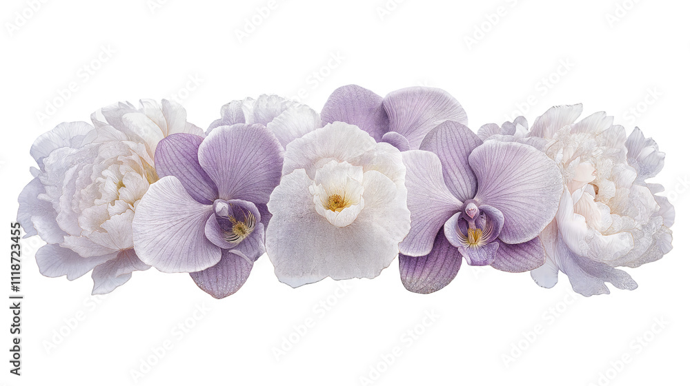 Obraz premium Beautiful Arrangement of White and Purple Flowers, Depicting Elegant Orchids and Peonies, Perfect for Decorative Purposes in Springtime Celebrations or Events