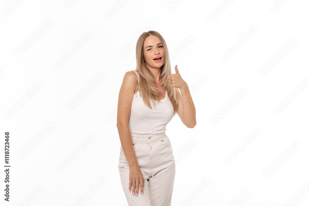 Young woman in a casual outfit giving a thumbs up while smiling against a plain white background indoors Young woman in a casual outfit giving a thumbs up while smiling against a plain white background indoors