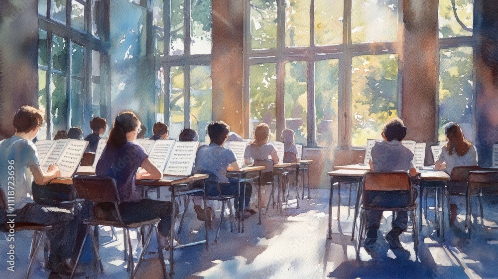 A diverse group of students engaged in a music class, concentrating on their sheet music under warm natural light.