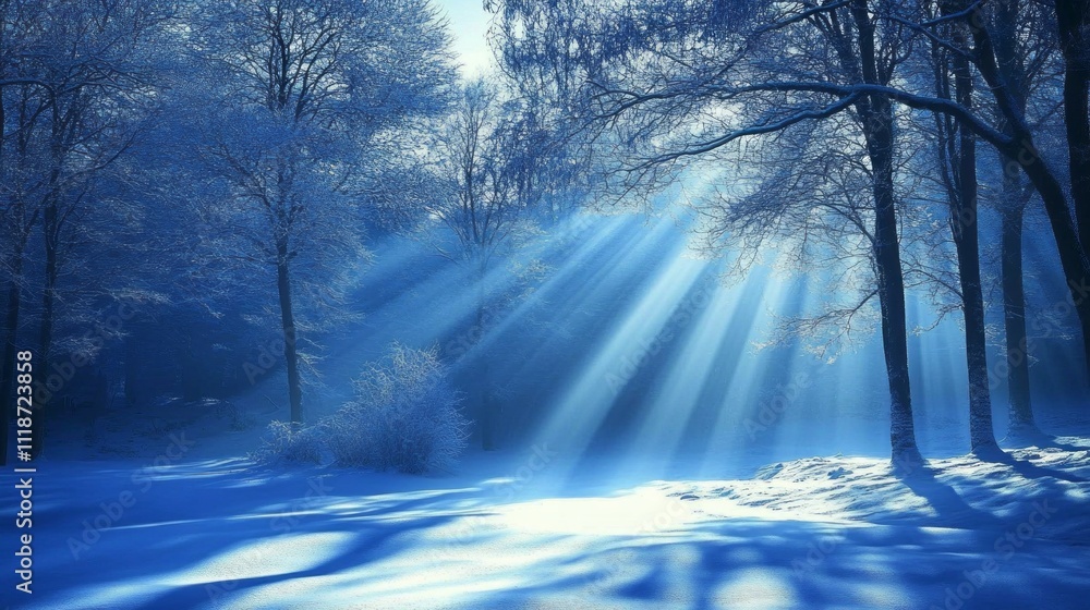 Soft rays of sunlight cascade down through a tranquil scene filled with frost-covered trees and a blanket of fresh snow. The ethereal blue light creates a magical atmosphere Soft rays of sunlight cascade down through a tranquil scene filled with frost-covered trees and a blanket of fresh snow. The ethereal blue light creates a magical atmosphere
