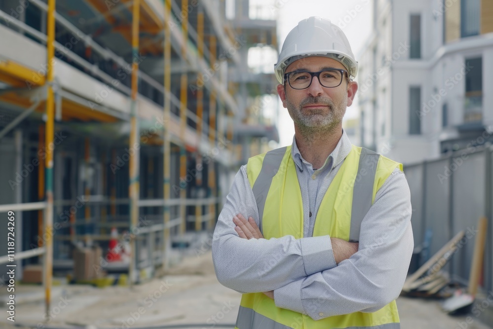 Successful male architect at a building site with arms crossed Successful male architect at a building site with arms crossed