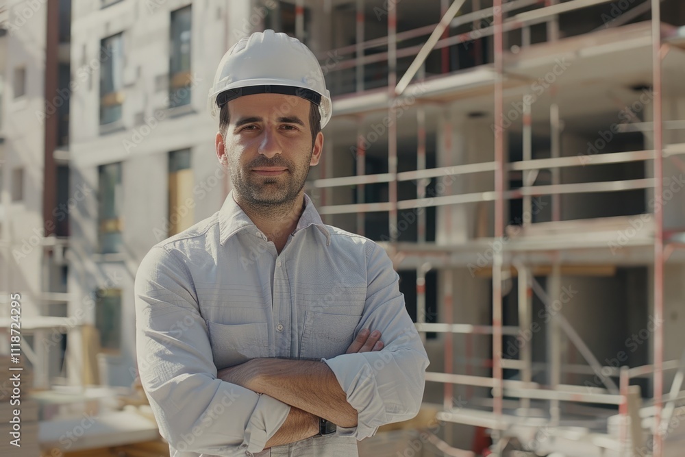 Successful male architect at a building site with arms crossed