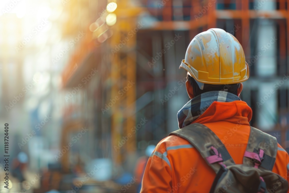 construction Worker and the blurred construction in background with space for your text construction Worker and the blurred construction in background with space for your text