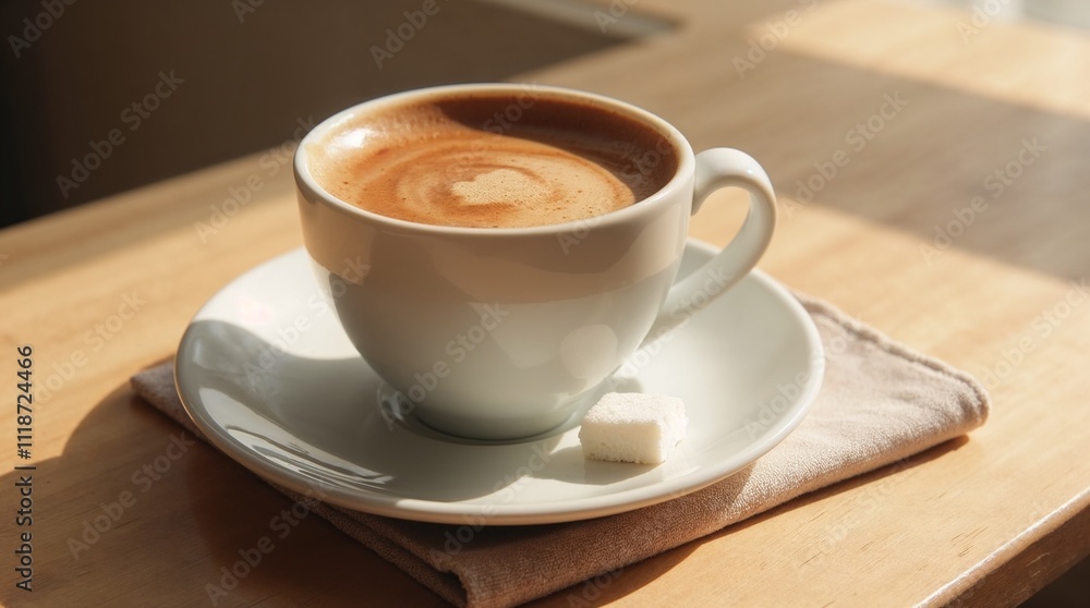 Cappuccino in white cup on wooden table Cappuccino in white cup on wooden table
