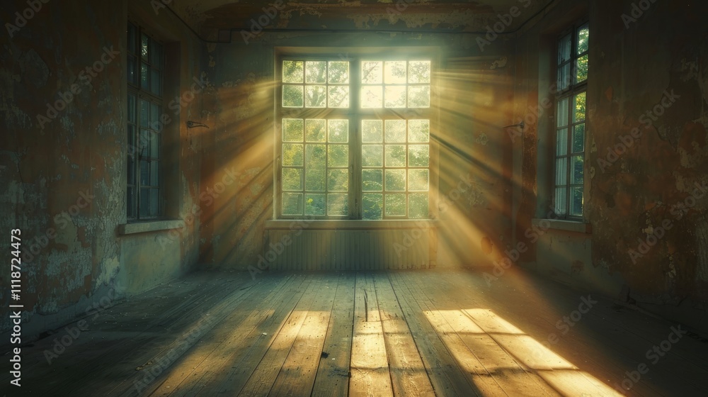 Sunlight streams into an empty, rustic room with wooden floors. Concept of tranquility and natural beauty. For interior design inspiration Sunlight streams into an empty, rustic room with wooden floors. Concept of tranquility and natural beauty. For interior design inspiration
