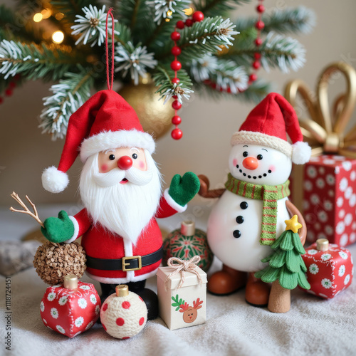 Two snowmen, one wearing a santa hat, are standing next to a Christmas tree