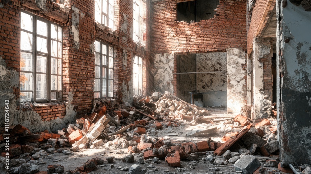 A desolate interior of an abandoned brick building, showcasing debris and sunlight streaming through broken windows. A desolate interior of an abandoned brick building, showcasing debris and sunlight streaming through broken windows.
