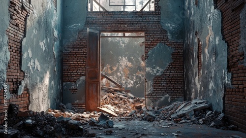 An abandoned room with crumbling walls, bricks scattered on the floor, and a partially open door, evoking a sense of decay.