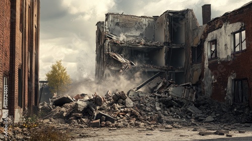 Desolate scene of a collapsed building with debris scattered, creating a somber mood in the urban landscape. photo