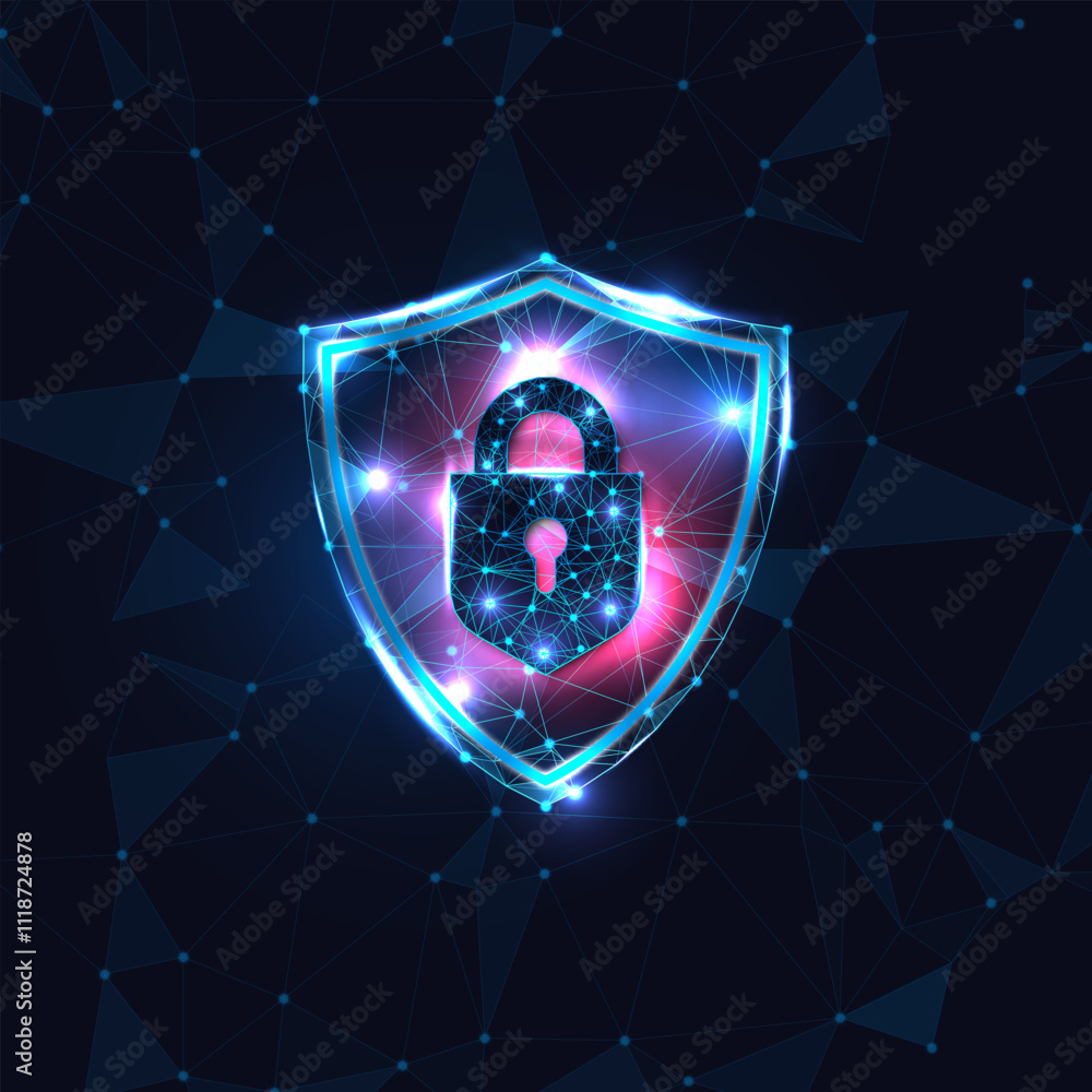 Fototapeta premium Polygonal shield with glowing padlock symbolizes digital security and protection in cyberspace. Vector illustration.