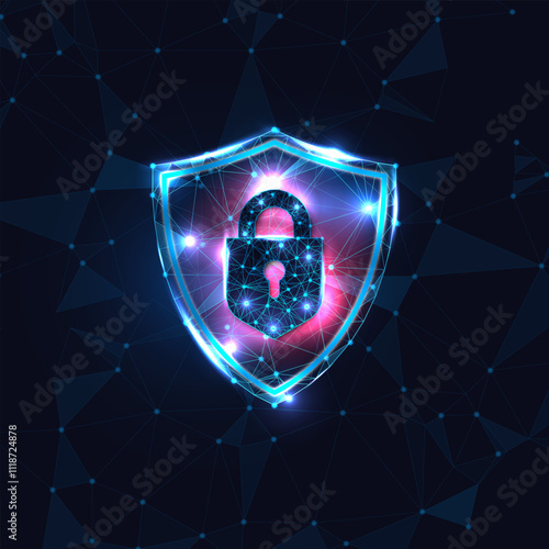 Polygonal shield with glowing padlock symbolizes digital security and protection in cyberspace. Vector illustration.