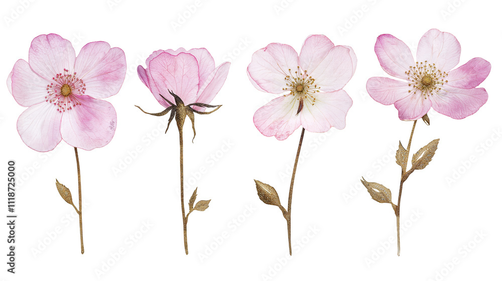 Obraz premium Delicate Pink Flowers Illustrating Different Stages of Bloom Against a White Background, Highlighting Their Natural Beauty and Diversity