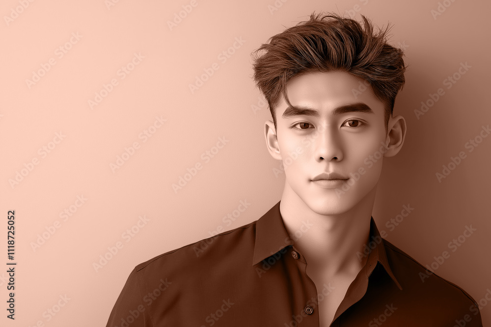 Portrait of an Asian man with mocha mousse brown hair against a beige background. Modern trendy tone hue shade Portrait of an Asian man with mocha mousse brown hair against a beige background. Modern trendy tone hue shade