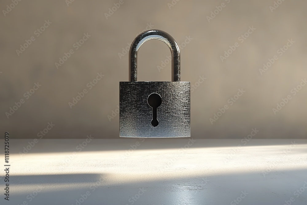 Fototapeta premium sleek 3d padlock model floating above plain white surface under soft light
