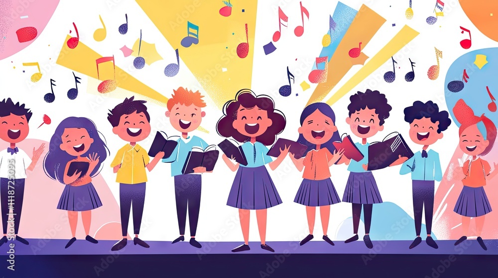 Fototapeta premium A joyful group of diverse children singing together on stage, surrounded by vibrant music notes and colorful bursts.