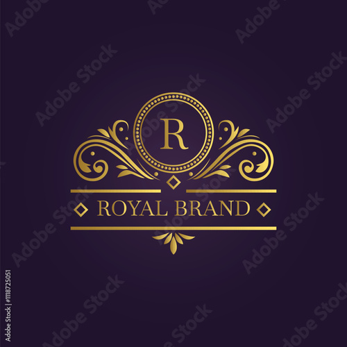 Luxury golden royal brand logo design with ornate swirls and letter R on an elegant dark background