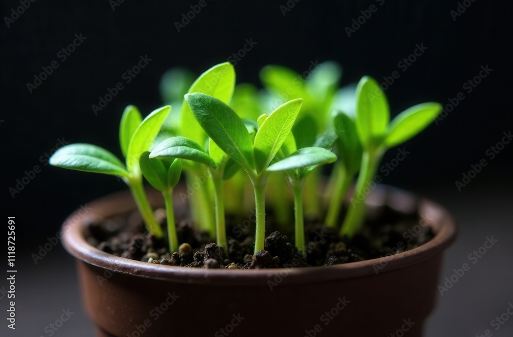 green small plants in a pot on dark background green small plants in a pot on dark background