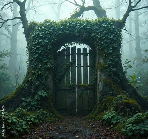 Vines and moss cover an old forest gate amidst the fog , fog, mysterious