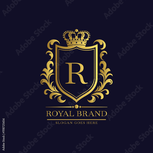 Elegant luxury brand logo with golden crown shield and decorative floral patterns on a dark blue background  
