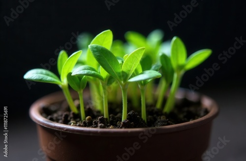 green small plants in a pot on dark background