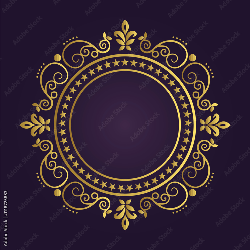 Intricate circular mandala design with gold floral motifs and stars on dark purple background Intricate circular mandala design with gold floral motifs and stars on dark purple background