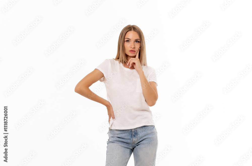 Fototapeta premium Young woman in casual clothing poses thoughtfully against a plain white background during a studio photoshoot
