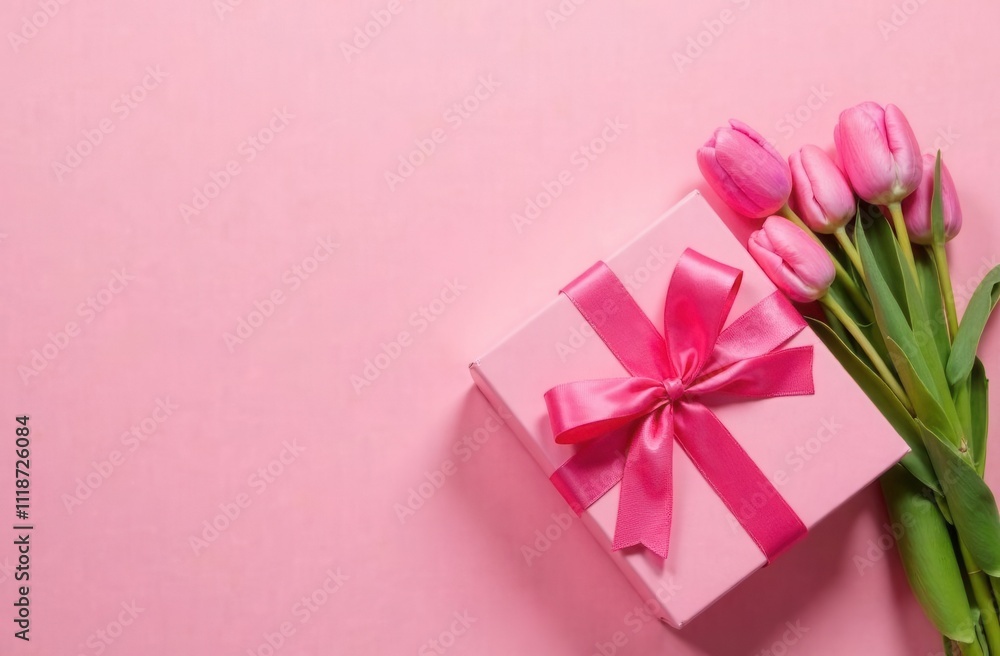 pink gift box with ribbon and bouqet of tulips on pink background pink gift box with ribbon and bouqet of tulips on pink background