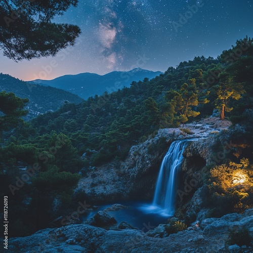 Enchanting waterfall flowing through mountainous landscape at night nature photography serene environment aesthetic viewpoint