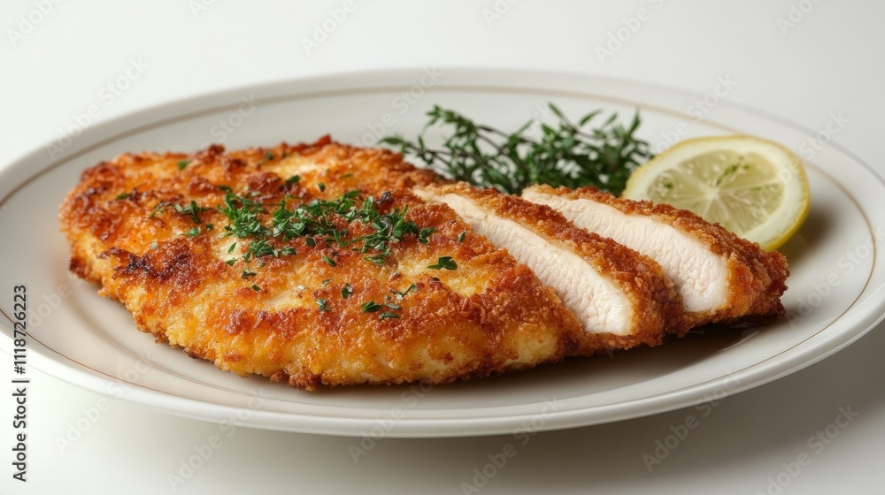 A plated serving of crispy fried fish with lemon and herbs. A plated serving of crispy fried fish with lemon and herbs.