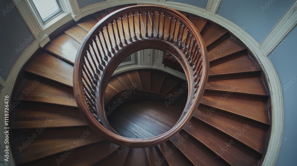 Fototapeta premium Overhead view of a classic wooden spiral staircase.