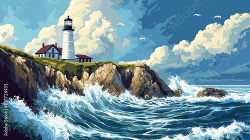 Coastal lighthouse on dramatic cliffs with crashing waves under a cloudy sky.